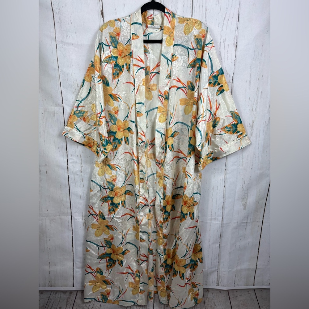 Vintage Valerie Stevens Lily Floral Satin Kimono Robe Long - Picture 7 of 8